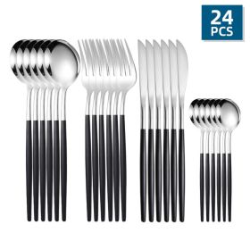 24pcs/Set Stainless Steel Cutlery; Portuguese Cutlery Spoon; Western Cutlery Set - Silver + Black