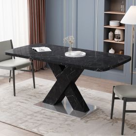 Modern Square Dining Table;  Stretchable;  Printed Black/white Marble +MDF X-Shape Table Leg with Metal Base - Black