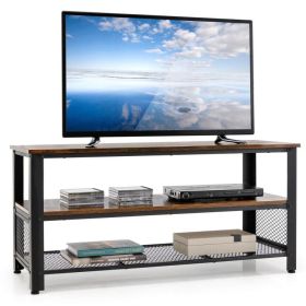 3-Tier Industrial Entertainment TV Stand with Metal Mesh Shelf - Rustic Brown + Black