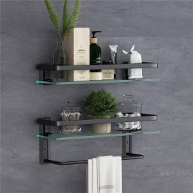 Glass Bathroom Shelf 15.7in Bathroom Shelf Wall Mounted Floating Glass Shelves with Towel Holder Glass Shower Shelf 2 Tier - Black