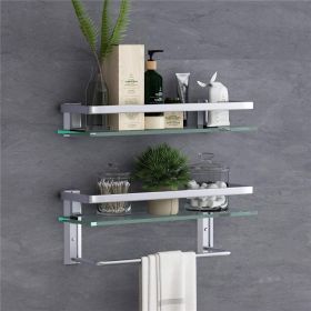 Glass Bathroom Shelf 15.7in Bathroom Shelf Wall Mounted Floating Glass Shelves with Towel Holder Glass Shower Shelf 2 Tier - Sliver