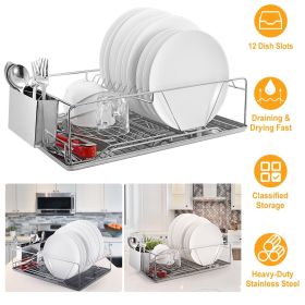 Dish Drying Rack Stainless Steel Dish Rack w/ Drainboard Cutlery Holder Kitchen Dish Organizer - Silver