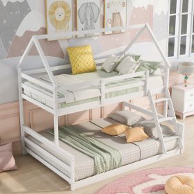 Twin over Full House Bunk Bed with Built-in Ladder,Gray - White