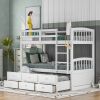 Twin over Twin Wood Bunk Bed with Trundle and Drawers,White - White