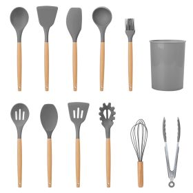 11Pcs Silicone Cooking Utensil Set Heat Resist Wooden Handle Silicone Spatula Turner Ladle Spaghetti Server Tongs - Grey