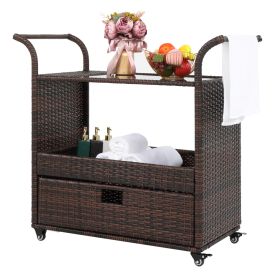 Outdoor Patio Wicker Rattan Serving Bar Cart Sideboard On Wheels XH - Brown Gradient Rattan Black Glass