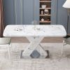 Modern Square Dining Table;  Stretchable;  Printed Black/white Marble +MDF X-Shape Table Leg with Metal Base - White