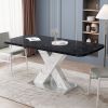 Modern Square Dining Table;  Stretchable;  Printed Black/white Marble +MDF X-Shape Table Leg with Metal Base - Black White