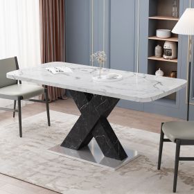 Modern Square Dining Table;  Stretchable;  Printed Black/white Marble +MDF X-Shape Table Leg with Metal Base - White+Black