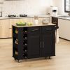 Multi-Functional Kitchen Island Cart with 2 Door Cabinet and Two Drawers,Spice Rack, Towel Holder, Wine Rack, and Foldable Rubberwood Table Top - Blac