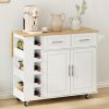 Multi-Functional Kitchen Island Cart with 2 Door Cabinet and Two Drawers,Spice Rack, Towel Holder, Wine Rack, and Foldable Rubberwood Table Top - Whit