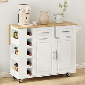 Multi-Functional Kitchen Island Cart with 2 Door Cabinet and Two Drawers,Spice Rack, Towel Holder, Wine Rack, and Foldable Rubberwood Table Top - Whit