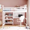 Full Size Wooden Loft Bed with Shelves, Desk and Writing Board - White