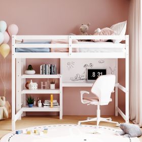 Full Size Wooden Loft Bed with Shelves, Desk and Writing Board - White