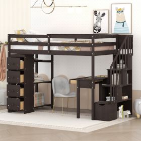 Twin size Loft Bed with Storage Drawers ,Desk and Stairs, Wooden Loft Bed with Shelves  - Espresso