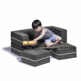 Jaxx Zipline Modular Kids Loveseat & Ottomans, Charcoal - Charcoal - Microsuede