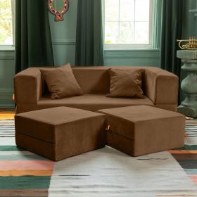 Jaxx Zipline Convertible Sleeper Loveseat & Ottomans, Textured Microvelvet - Toffee - Toffee - Microvelvet