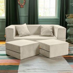 Jaxx Zipline Convertible Sleeper Loveseat & Ottomans, Textured Microvelvet - Ivory - Ivory - Microvelvet