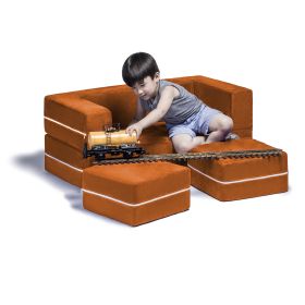 Jaxx Zipline Modular Kids Loveseat & Ottomans, Mandarin - Mandarin - Microsuede