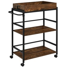 3-Tier Kitchen Serving Bar Cart with Lockable Casters and Handle Rack for Home Pub - Rustic Brown