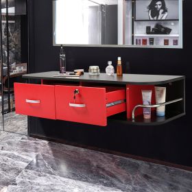 Modern Wall-Mounted Styling Station;  Hair Salon Locking Cabinet with Storage Drawers;  Equipment for Barber Beauty Spa Salon Shops - black+red