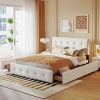 Upholstered Platform Bed with Classic Headboard and 4 Drawers;  No Box Spring Needed;  Linen Fabric;  Queen Size - White