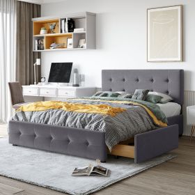 Upholstered Platform Bed with Classic Headboard and 4 Drawers;  No Box Spring Needed;  Linen Fabric;  Queen Size - Dark Gray