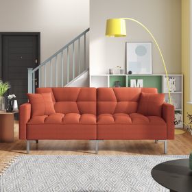 Linen Upholstered Modern Convertible Folding Futon Sofa Bed for Compact Living Space; Apartment; Dorm - Orange