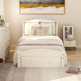 Platform Twin Bed Frame with Storage Drawer and Wood Slat Support No Box Spring Needed - White