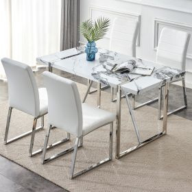 5-piece Dining Table Chairs Set, Rectangular Dining Room Table Set for 4, Faux Marble Modern Dining Table and Faux Leather Chairs for Kitchen Dining R