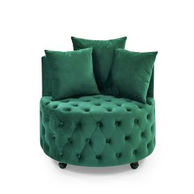 Velvet Upholstered Swivel Chair for Living Room, with Button Tufted Design and Movable Wheels, Including 3 Pillows - Green