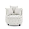 Velvet Upholstered Swivel Chair for Living Room, with Button Tufted Design and Movable Wheels, Including 3 Pillows - Beige