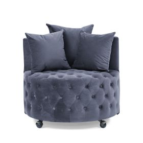 Velvet Upholstered Swivel Chair for Living Room, with Button Tufted Design and Movable Wheels, Including 3 Pillows - Grey