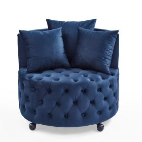 Velvet Upholstered Swivel Chair for Living Room, with Button Tufted Design and Movable Wheels, Including 3 Pillows - Blue