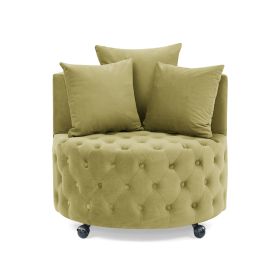 Velvet Upholstered Swivel Chair for Living Room, with Button Tufted Design and Movable Wheels, Including 3 Pillows - khaki