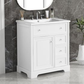 30" Bathroom Vanity with Sink Top, Bathroom Vanity Cabinet with Door and Two Drawers, MDF Boards, Solid Wood, One Package - White