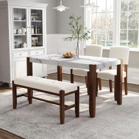 4-Piece Modern Dining Furniture Set, 4-Person Space-Saving Dinette for Kitchen, 46" Faux Marble Style Table and 2 Upholstered Chairs & Bench with Wood