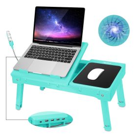 Foldable Laptop Table Bed Notebook Desk with Cooling Fan Mouse Board LED light 4 xUSB Ports Breakfast Snacking Tray  - Aqua