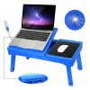 Foldable Laptop Table Bed Notebook Desk with Cooling Fan Mouse Board LED light 4 xUSB Ports Breakfast Snacking Tray  - Blue