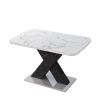 Modern Square Dining Table;  Stretchable;  Printed Black/white Marble +MDF X-Shape Table Leg with Metal Base - White+Black