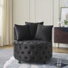 Velvet Upholstered Swivel Chair for Living Room, with Button Tufted Design and Movable Wheels, Including 3 Pillows - Black