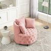 Velvet Upholstered Swivel Chair for Living Room, with Button Tufted Design and Movable Wheels, Including 3 Pillows - Pink