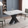 Modern Square Dining Table;  Stretchable;  Printed Black/white Marble +MDF X-Shape Table Leg with Metal Base - White+Black