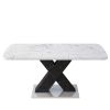 Modern Square Dining Table;  Stretchable;  Printed Black/white Marble +MDF X-Shape Table Leg with Metal Base - White+Black