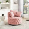 Velvet Upholstered Swivel Chair for Living Room, with Button Tufted Design and Movable Wheels, Including 3 Pillows - Pink