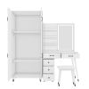 Makeup Vanity Table and Large Armoire Wardrobe Set, Dressing Table with LED Mirror and Power Outlets and 5 Drawers, 4 Door Bedroom Closet, White - as