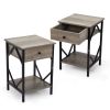 Set of 2 Nightstand Industrial End Table with Drawer;  Storage Shelf and Metal Frame for Living Room;  Bedroom;  XH - Washed Gray