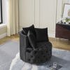 Velvet Upholstered Swivel Chair for Living Room, with Button Tufted Design and Movable Wheels, Including 3 Pillows - Black