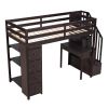 Twin size Loft Bed with Storage Drawers ,Desk and Stairs, Wooden Loft Bed with Shelves  - Espresso