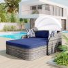 79.9" Outdoor Sunbed with Adjustable Canopy;  Double lounge;  PE Rattan Daybed - Blue+Grey